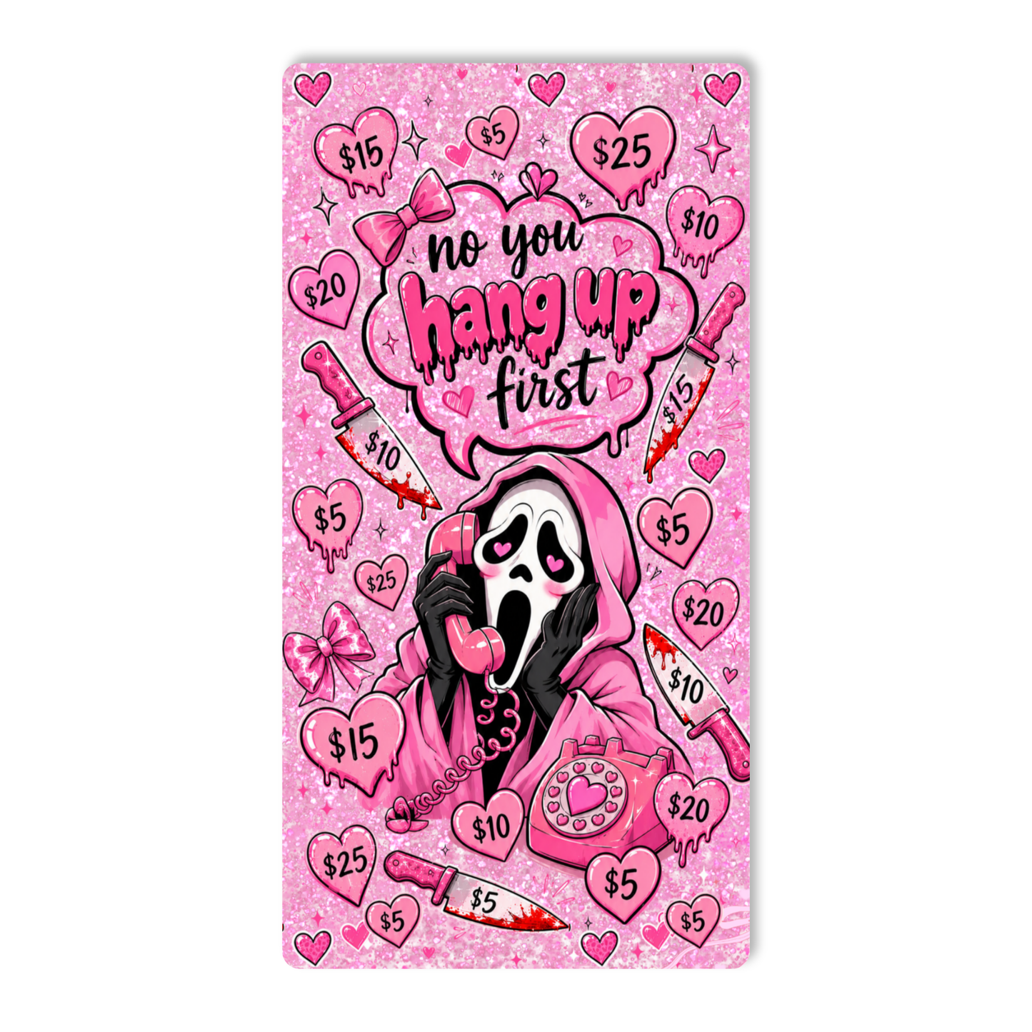 Cute pink Ghostface-inspired cash stuffing savings challenge insert for A6 budget binder with heart-themed savings tracker and laminated finish.