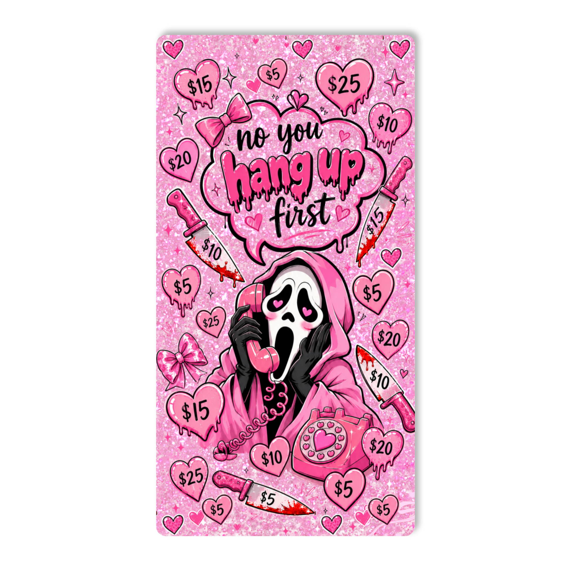 Cute pink Ghostface-inspired cash stuffing savings challenge insert for A6 budget binder with heart-themed savings tracker and laminated finish.