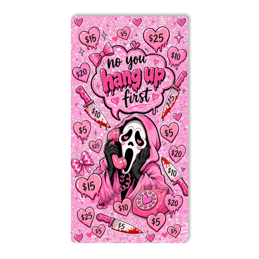 Cute pink Ghostface-inspired cash stuffing savings challenge insert for A6 budget binder with heart-themed savings tracker and laminated finish.
