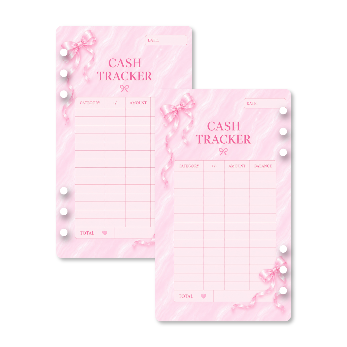 Pink Dreamy Ribbon cash tracker insert with satin bow details, a marble-inspired background, and pre-punched holes for an A6 budget binder.