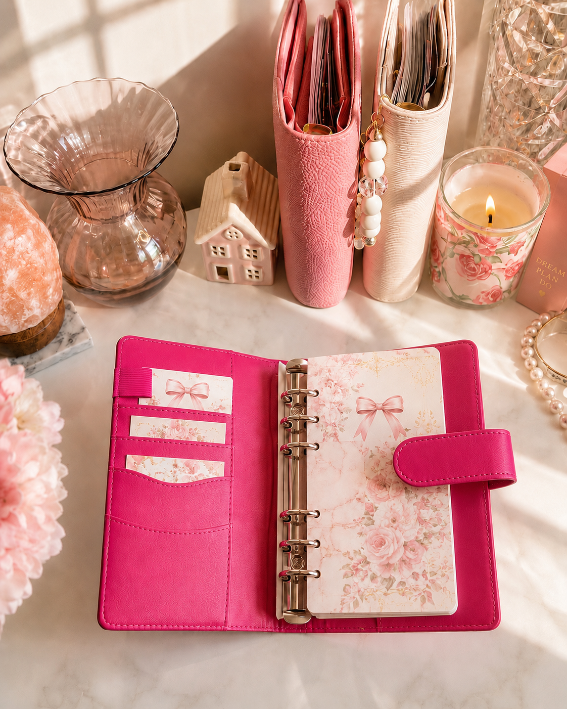 Classic A6 budgeting binder available in pink and ivory, designed for cash envelopes, savings challenges, and inserts.