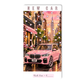 A vertical rectangular print or card featuring a stylized city street scene with a pink BMW SUV in the foreground, hanging white heart shapes, and the text 'NEW CAR' at the top and 'Each Scan = $________' at the bottom.