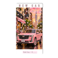 A vertical art print or card featuring a pink Cadillac SUV on a city street at sunset, with hanging heart graphics and the text 'NEW CAR' at the top and 'Each Icon = $________' at the bottom, shown against a plain white background.