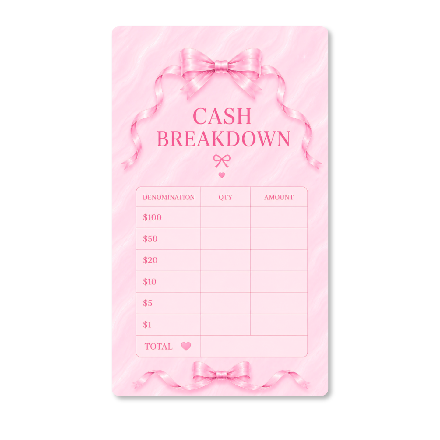 Dreamy Ribbon Cash Breakdown Card displayed inside a pink A6 cash stuffing binder with gold rings on a white marble desk, featuring a feminine pink ribbon design for tracking cash denominations.