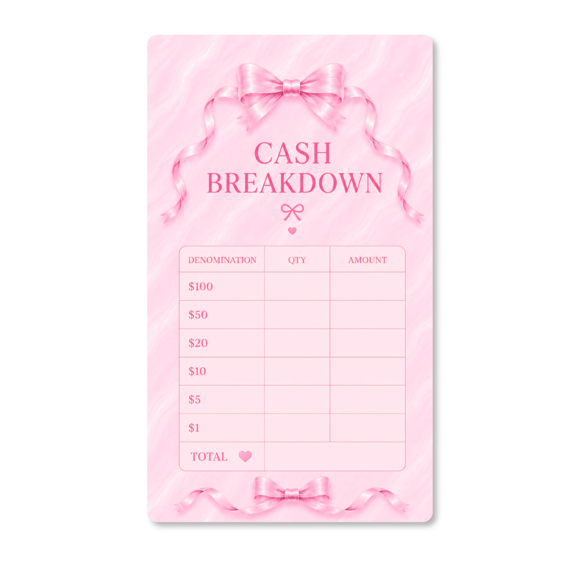 Dreamy Ribbon Cash Breakdown Card displayed inside a pink A6 cash stuffing binder with gold rings on a white marble desk, featuring a feminine pink ribbon design for tracking cash denominations.