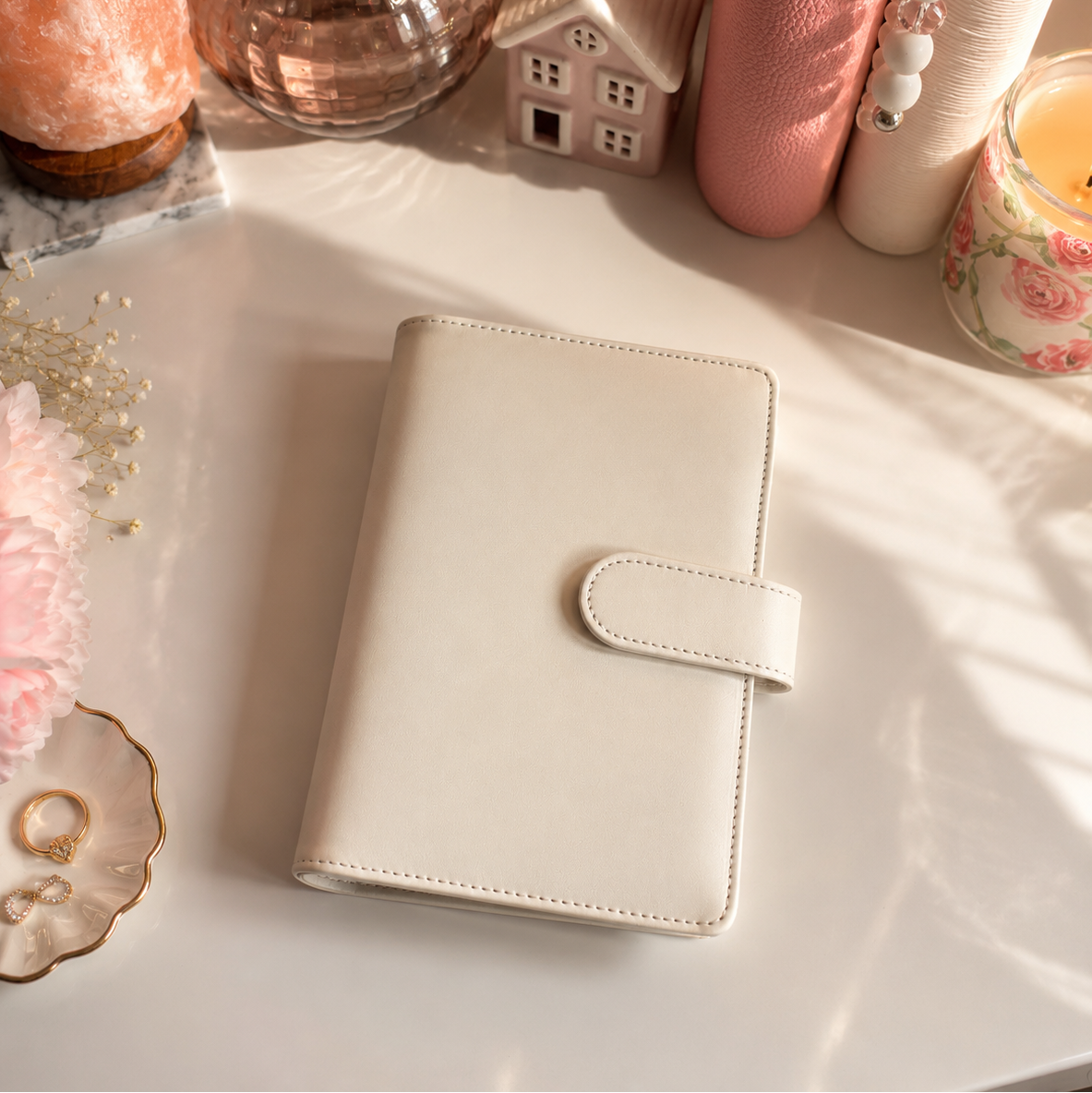 Classic A6 budgeting binder available in pink and ivory, designed for cash envelopes, savings challenges, and inserts.