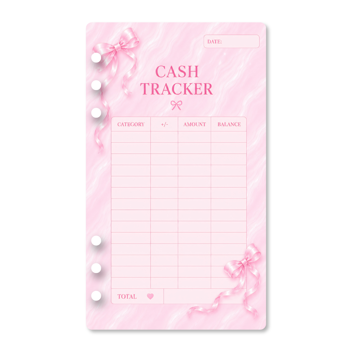 Pink Dreamy Ribbon cash tracker insert with satin bow details, a marble-inspired background, and pre-punched holes for an A6 budget binder.