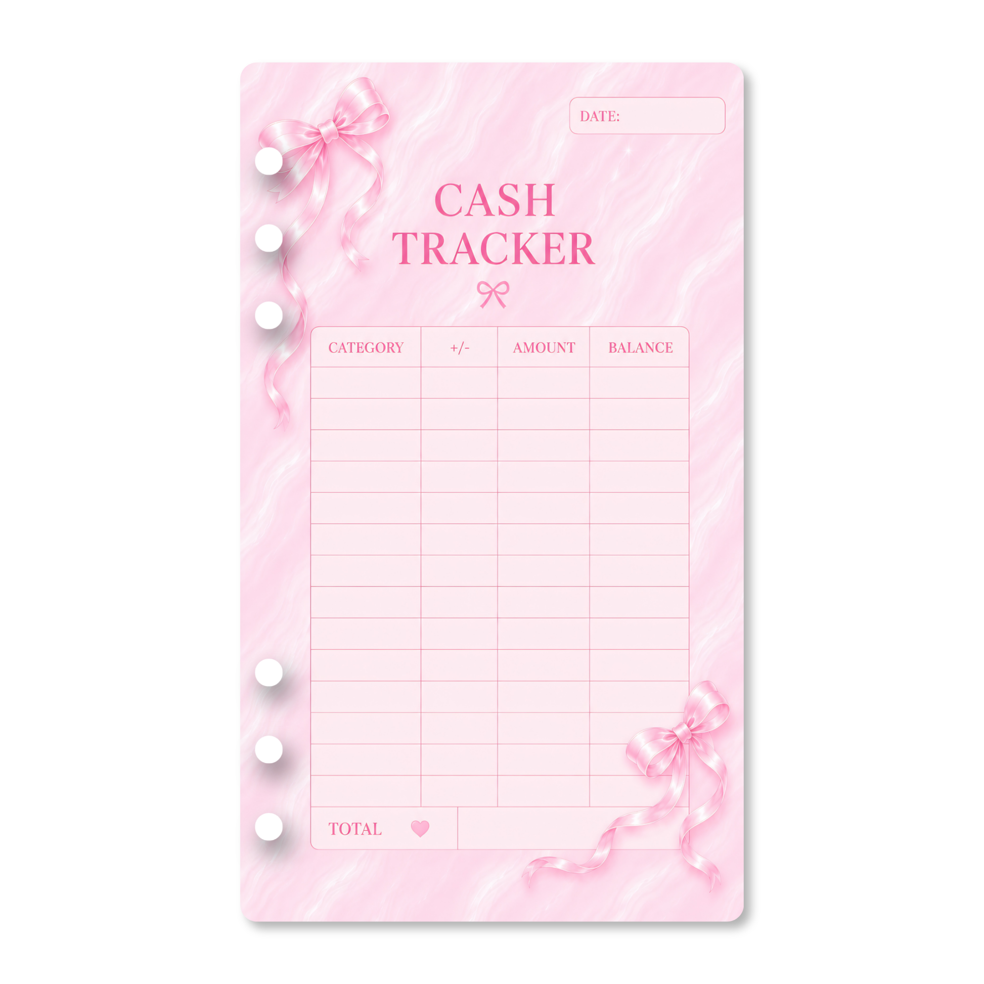 Pink Dreamy Ribbon cash tracker insert with satin bow details, a marble-inspired background, and pre-punched holes for an A6 budget binder.