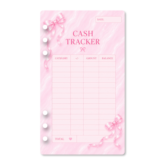 Pink Dreamy Ribbon cash tracker insert with satin bow details, a marble-inspired background, and pre-punched holes for an A6 budget binder.