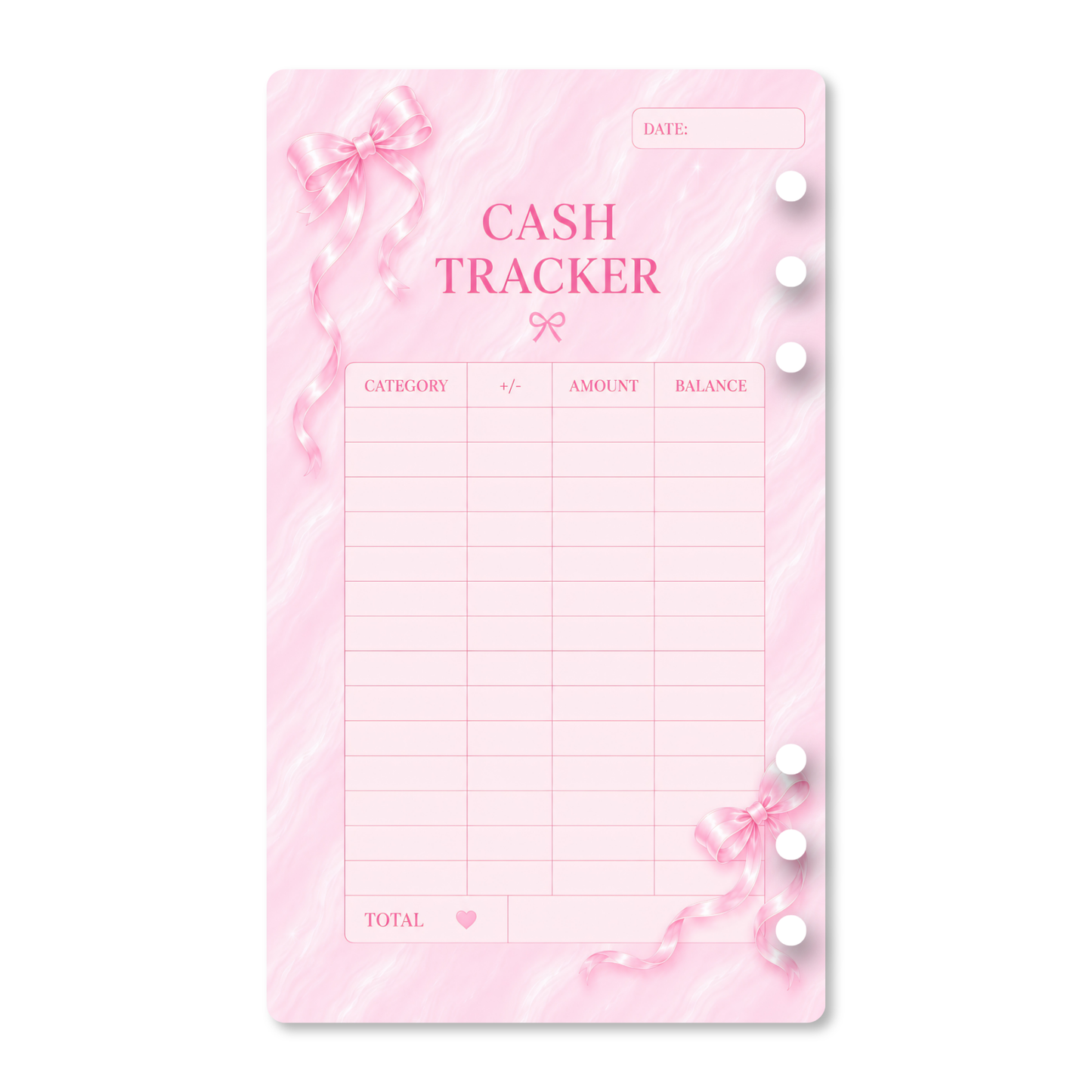 Pink Dreamy Ribbon cash tracker insert with satin bow details, a marble-inspired background, and pre-punched holes for an A6 budget binder.