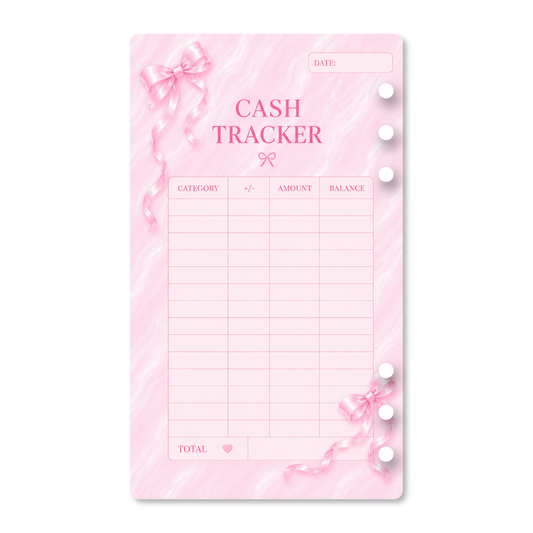 Pink Dreamy Ribbon cash tracker insert with satin bow details, a marble-inspired background, and pre-punched holes for an A6 budget binder.