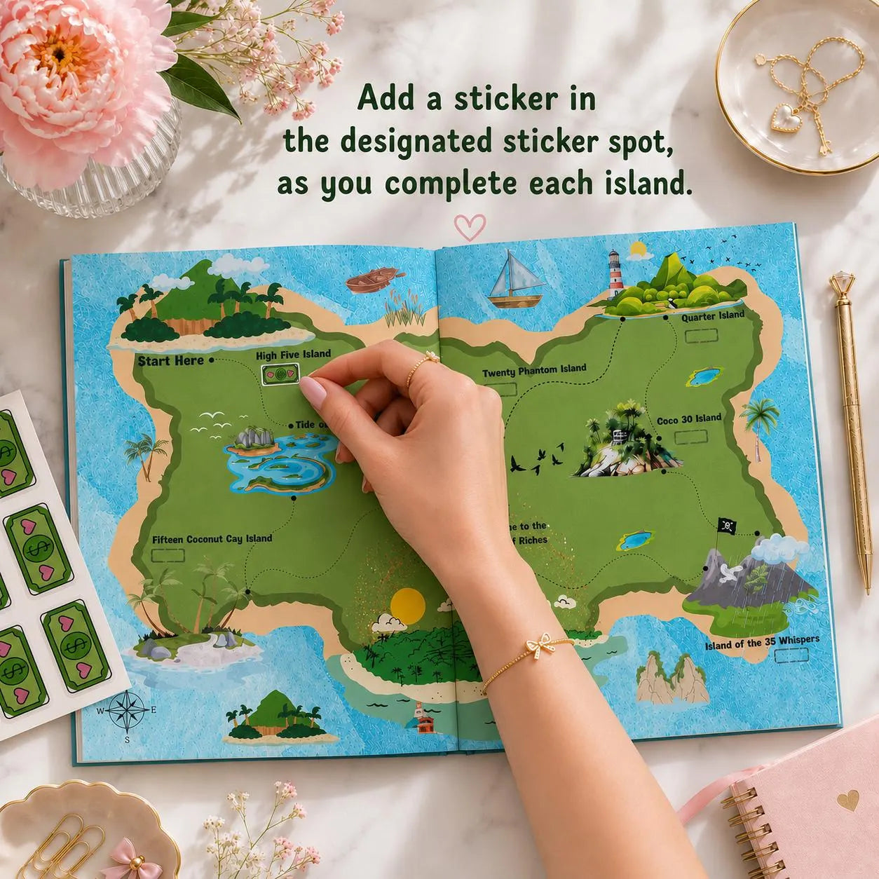 Map to 10K savings challenge by Budget Babe Studio, a reusable cash-stuffing tracker designed to help you save $10,000 and track your progress toward your financial goal.