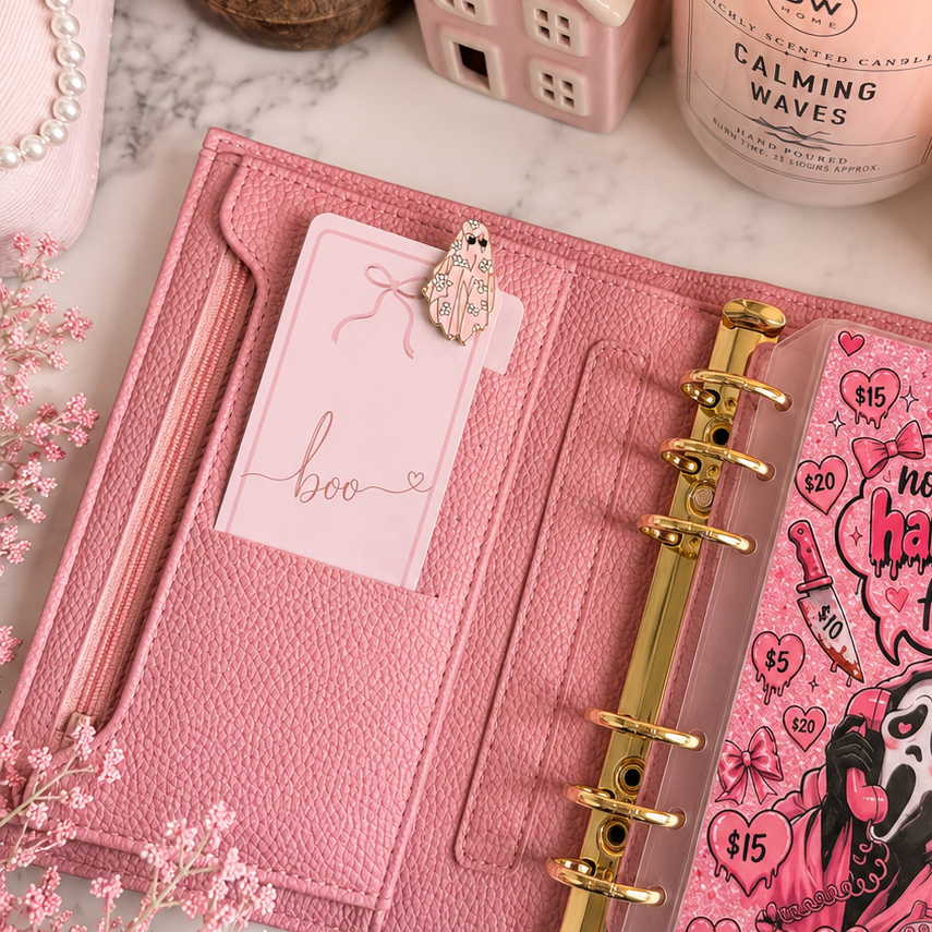 Cute pink Ghostface-inspired cash stuffing savings challenge insert for A6 budget binder with heart-themed savings tracker and laminated finish.