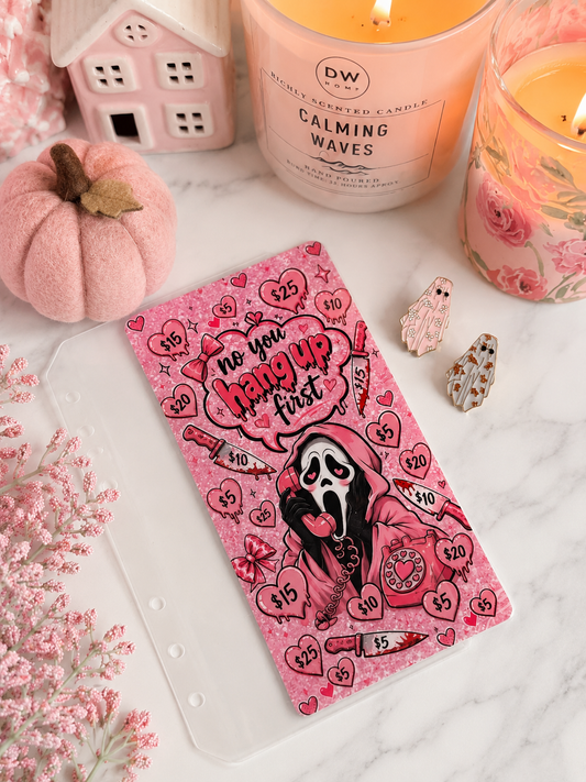 Cute pink Ghostface-inspired cash stuffing savings challenge insert for A6 budget binder with heart-themed savings tracker and laminated finish.