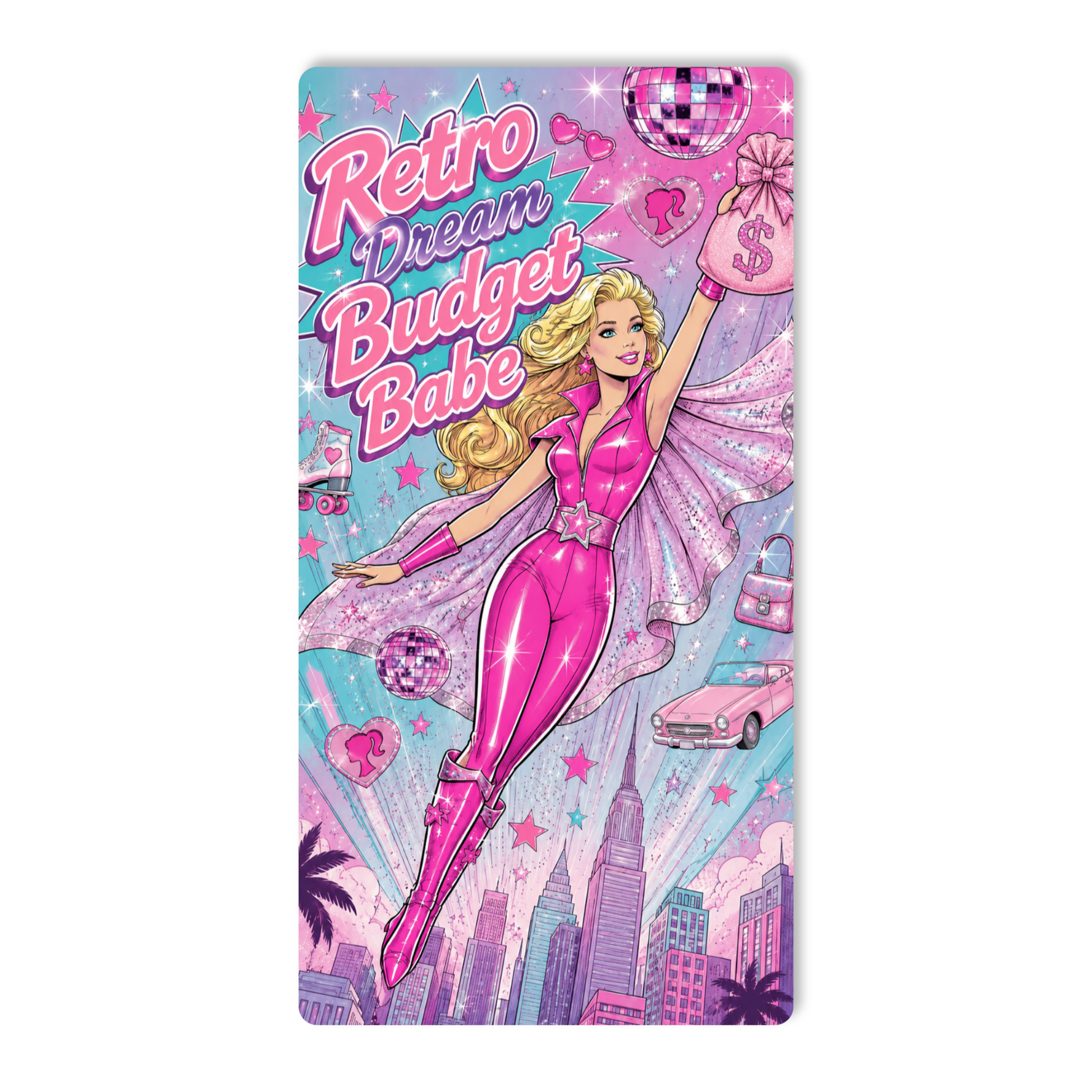 Retro Dream Budget Babe A6 savings challenge dashboard inside a pink cash stuffing binder featuring retro-inspired pink and teal graphics, including a vintage car, roller skates, perfume, lipstick, money bags, and disco ball, styled with a Himalayan salt lamp, floral candle, and cozy feminine desk decor.